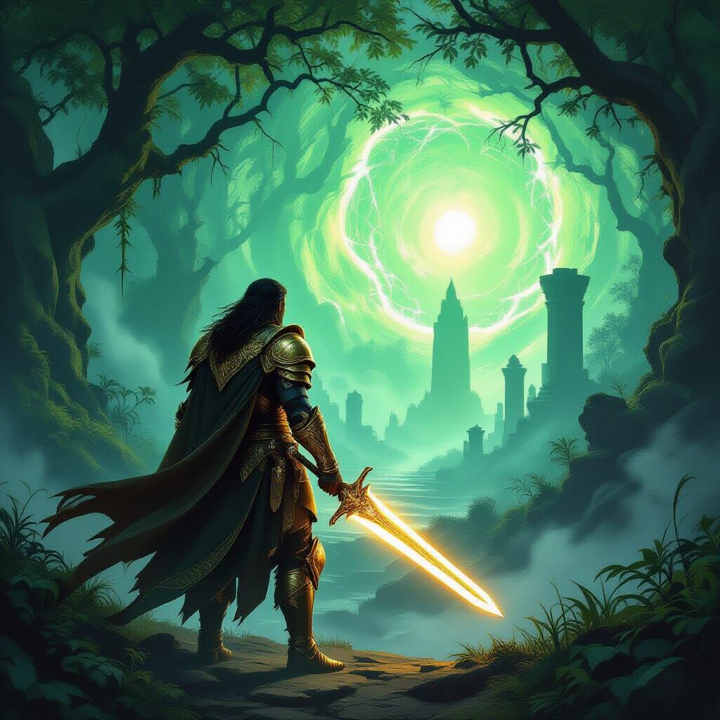 Brave Warrior Enters Mystical Forest for Epic Fantasy Advent...