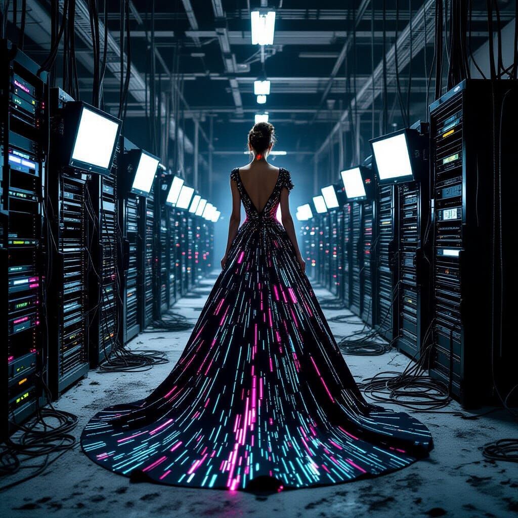 Haute Couture Glitch Art Woman in Abandoned Data Center