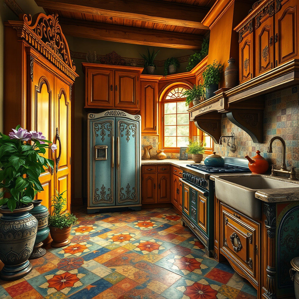 Fantasy Cottage Kitchen with Mosaic Floors and Antique Decor