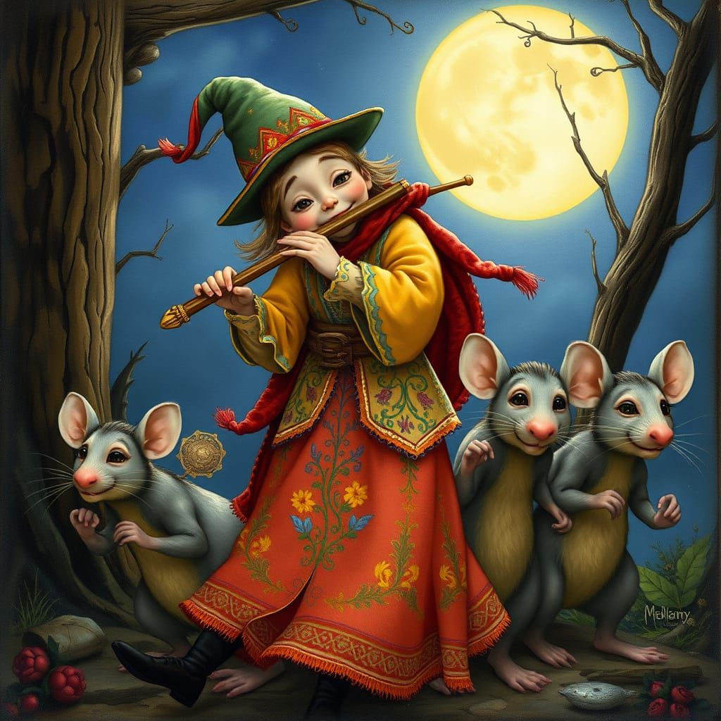 Pied Piper Followed by Humanoid Rats in Animated Style