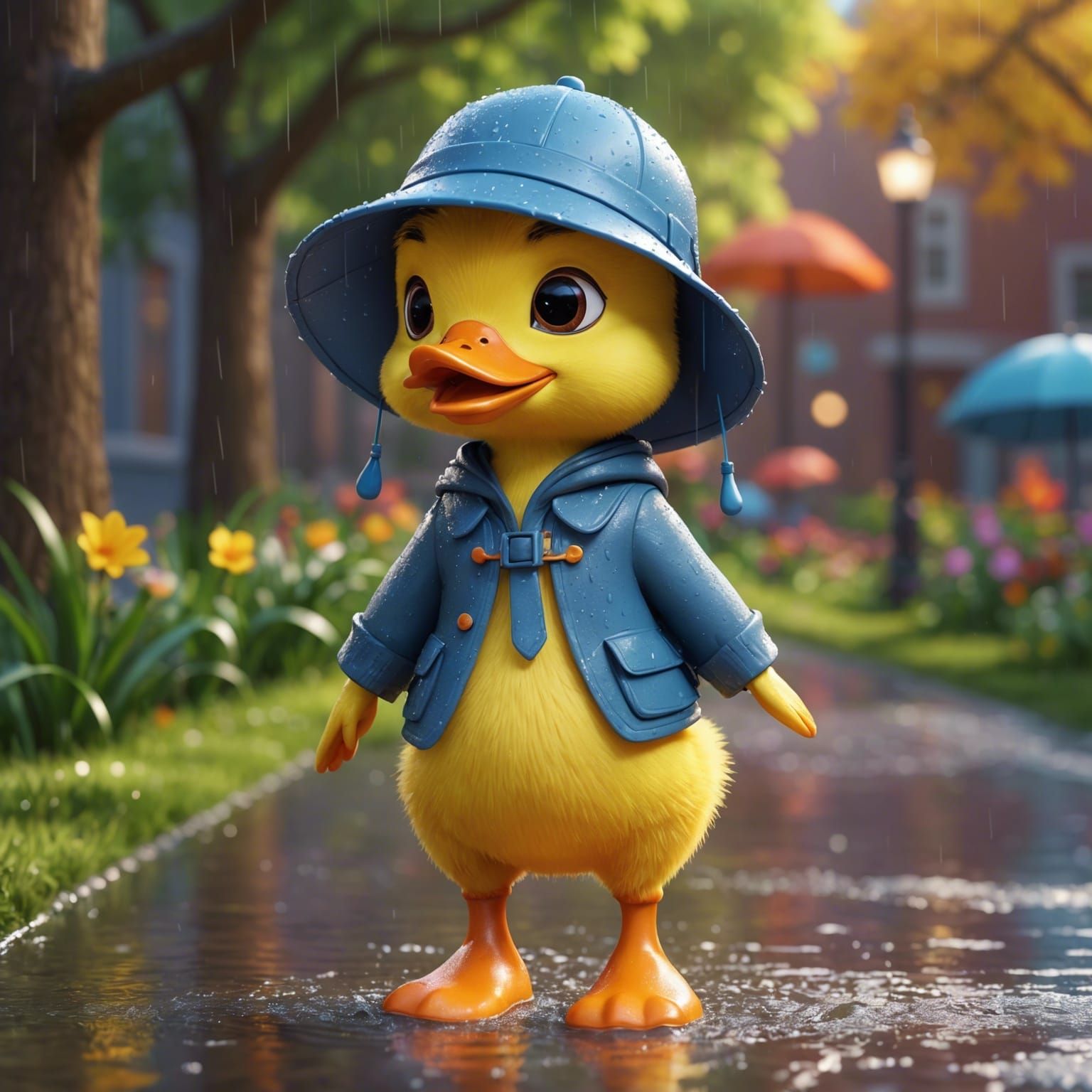 Adorable duckling wearing a rain hat and rain boots