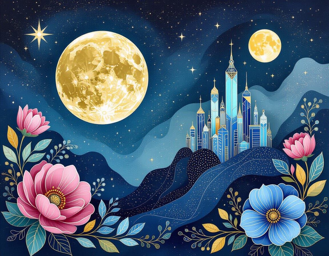 Silver Moon City in Space Nebula, Alcohol Ink Art