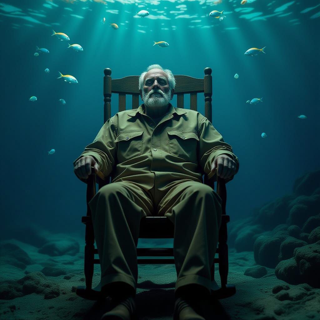Old Man in Rocking Chair Undersea, Cinematic Still