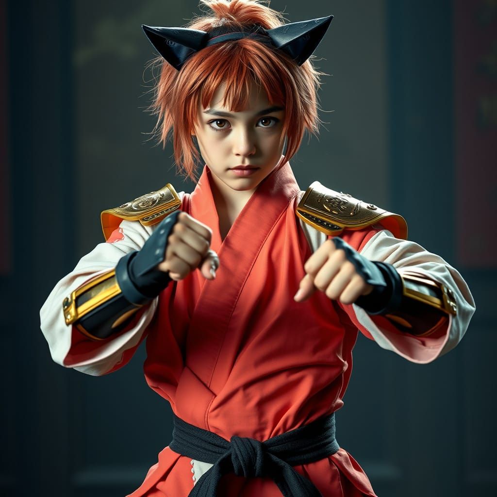 Cinematic Karate Warrior in Coral Kimono and Headband