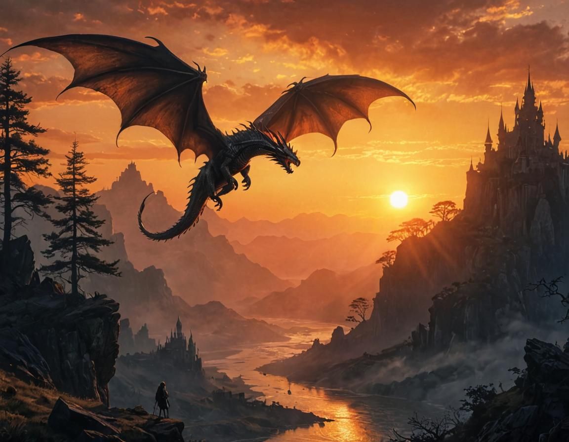 Dragon Sunset Landscape in Epic Fantasy Style