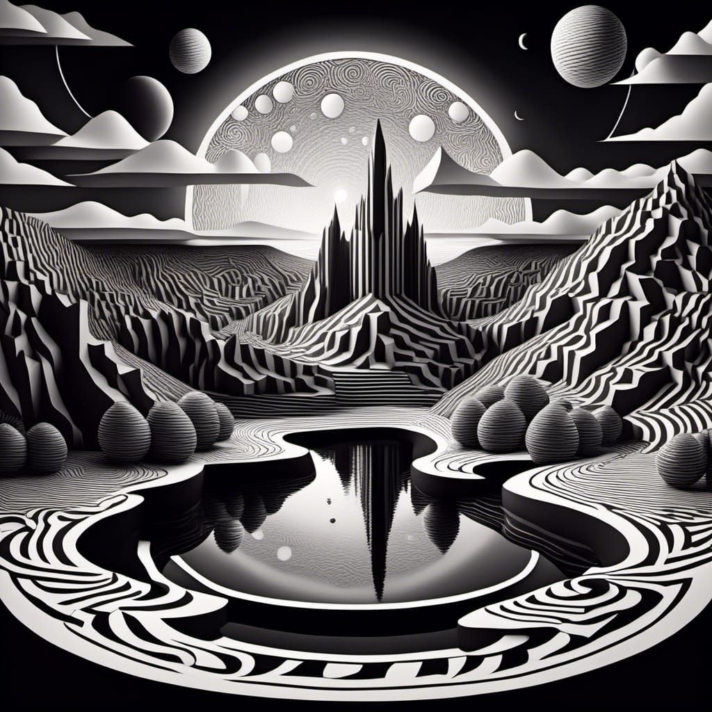 Escher-Inspired 3D Alien Landscape with Moons