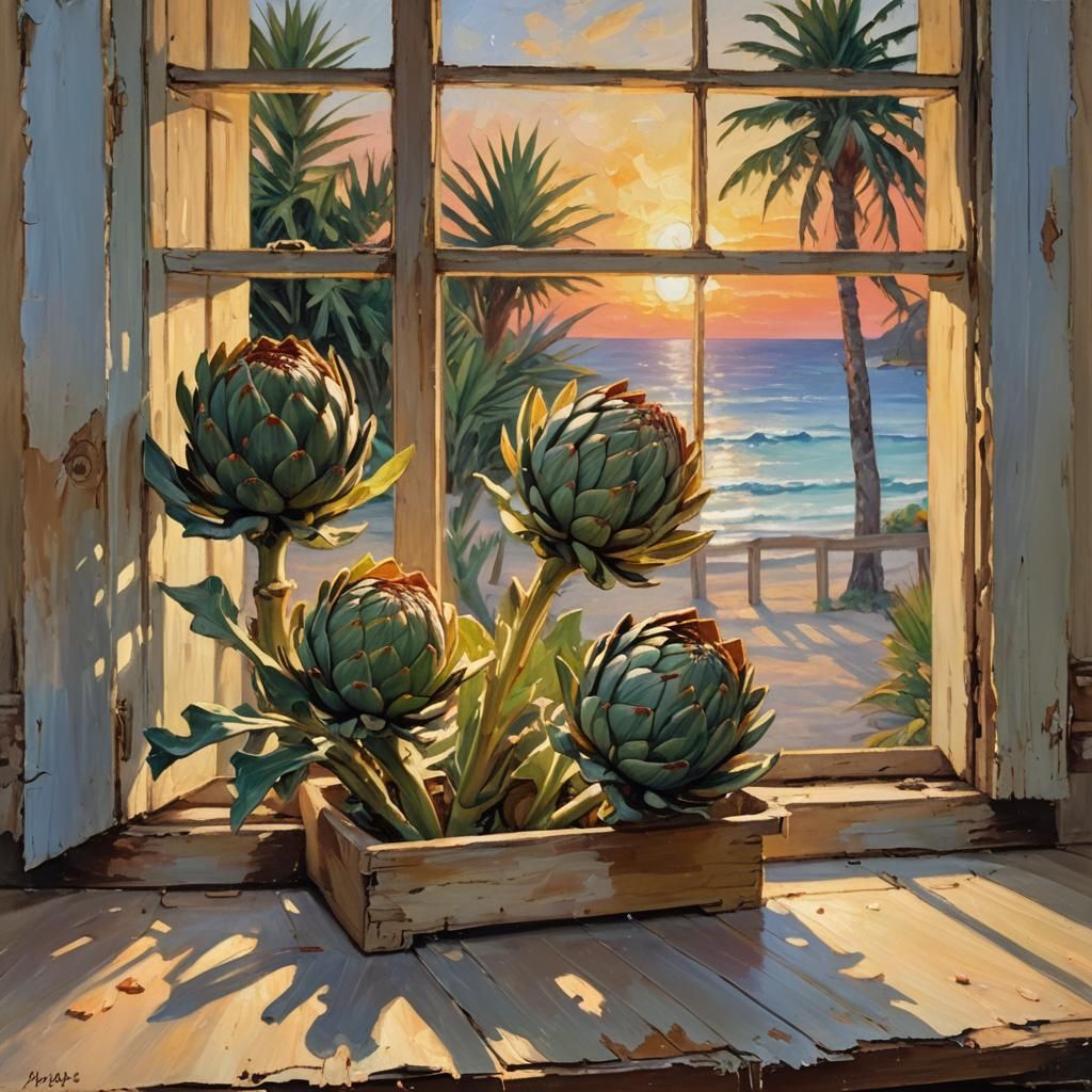 Artichokes and Tropical Sunset: Impressionist Oil Painting