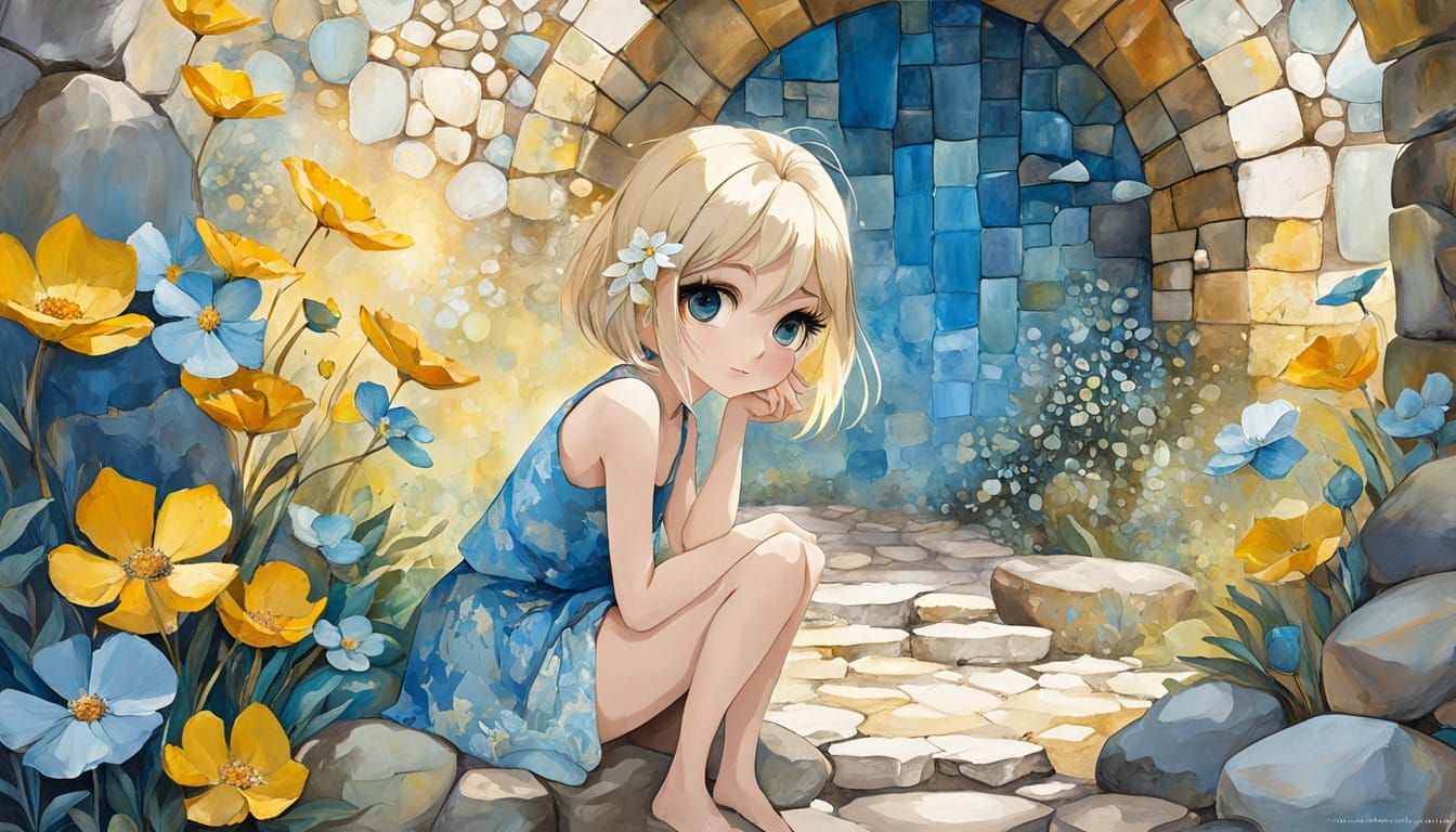 Whimsical Gouache Painting of a Pixie in Dreamy Garden