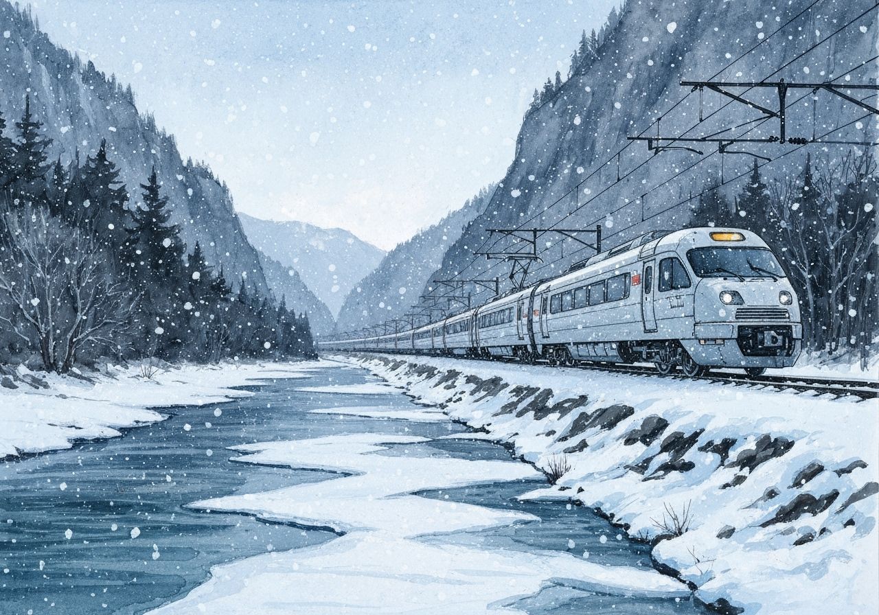 Futuristic Train in Snowy Valley, Inky Watercolour