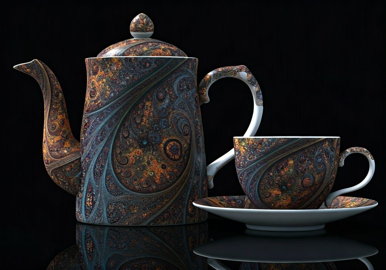 Fractal Teapot and Teacup in Digital Art Style