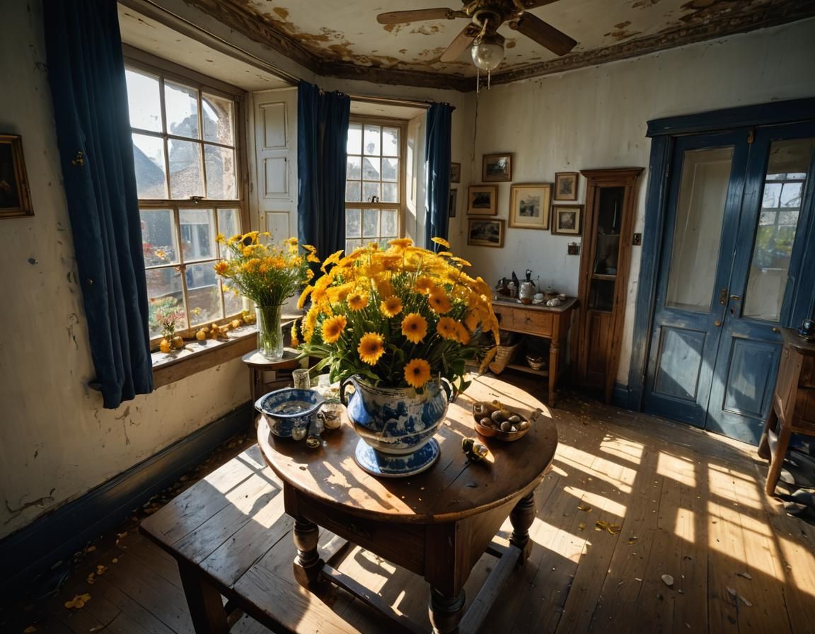 Golden and Delft Blue Flowers on Butcher Table