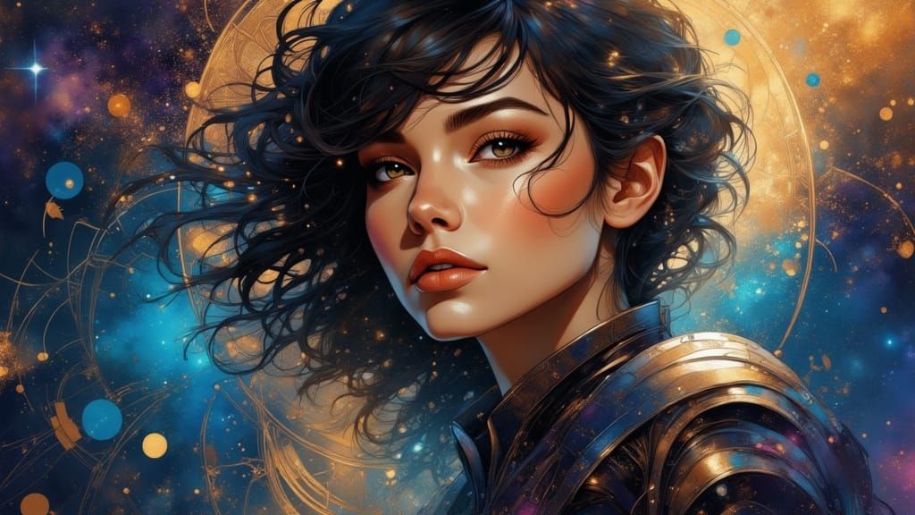 Futuristic Woman with Glowing Eyes in Nebula Swirl