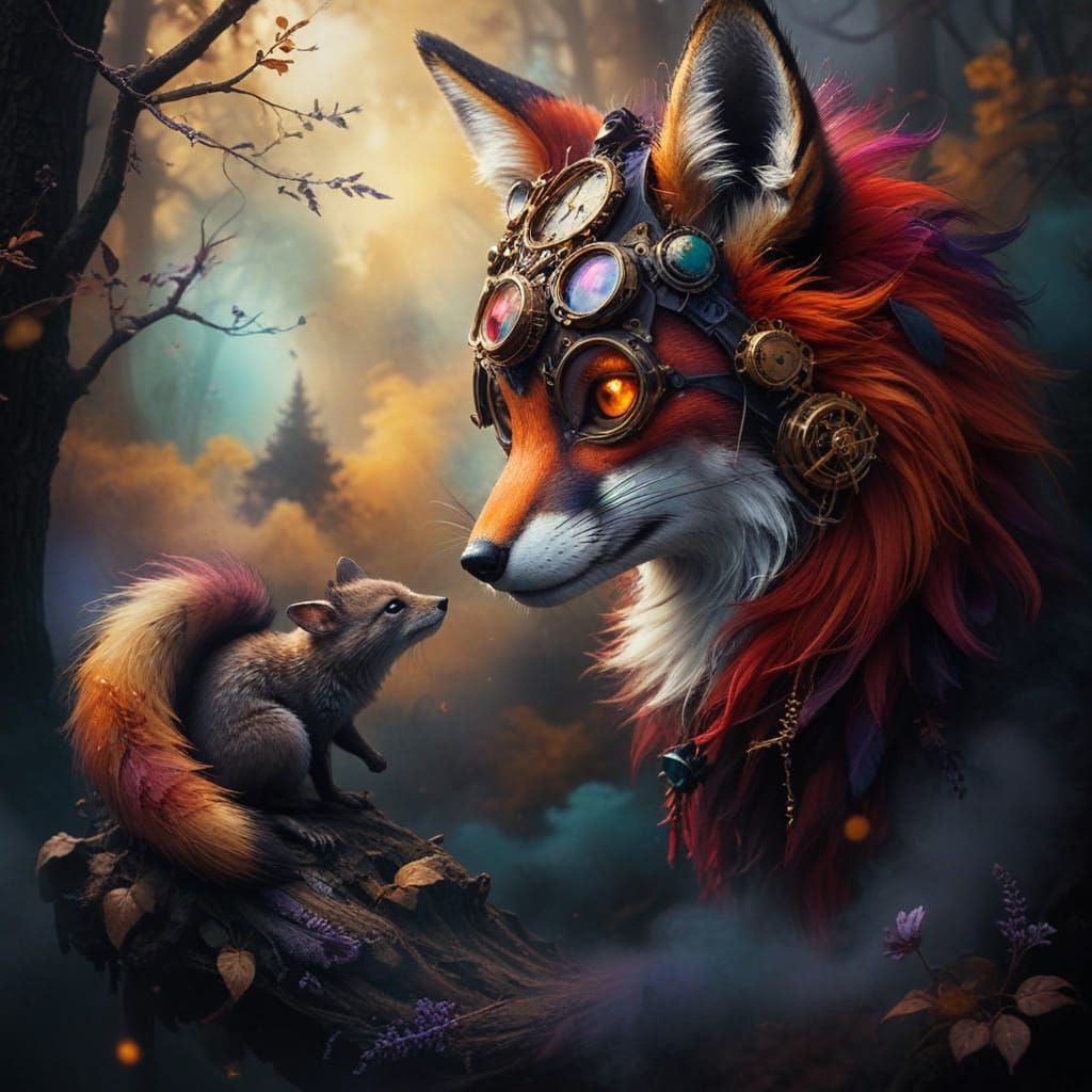 Steampunk Fox Guides a Fox in Lavender Hues