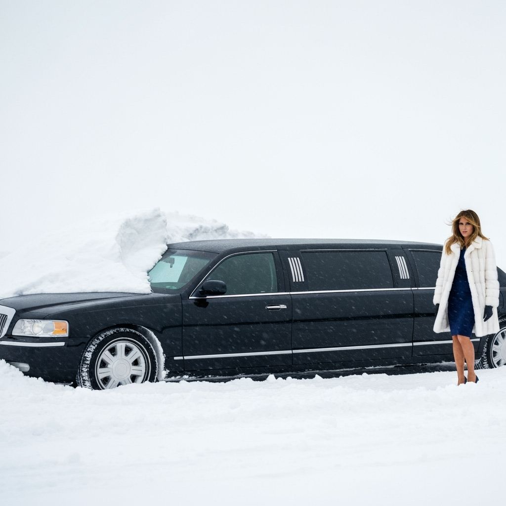 A black limousine stuck in a wintry snowdrift,