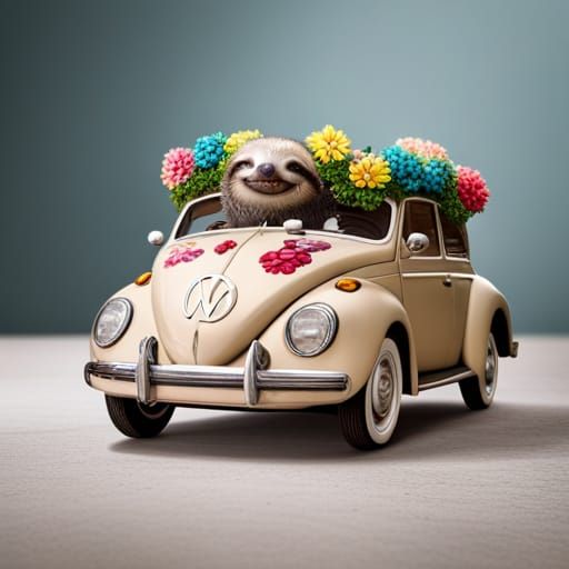 Sloths on a Whimsical Road Trip, Gouache Style