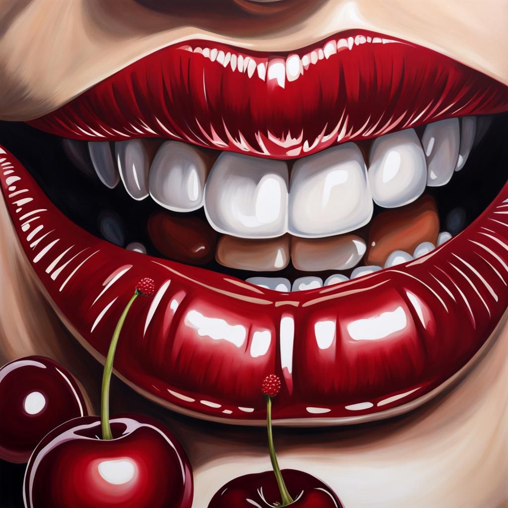 Cherry Red Lips Smile in Hyperrealistic Detail