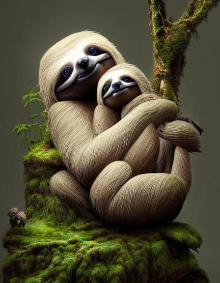 Sloth Family in Mycelium Network: Magic Realism
