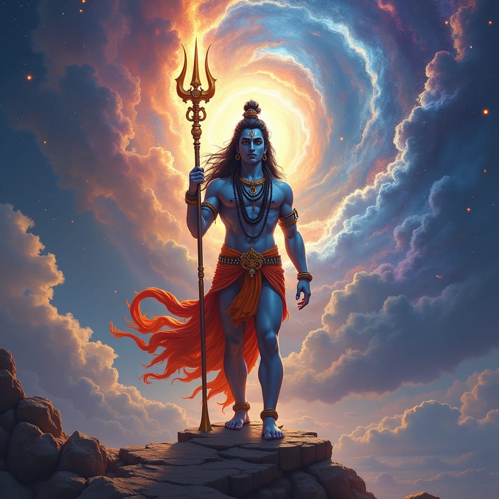 Lord Shiva Holding Trishul in Cosmic Landscape