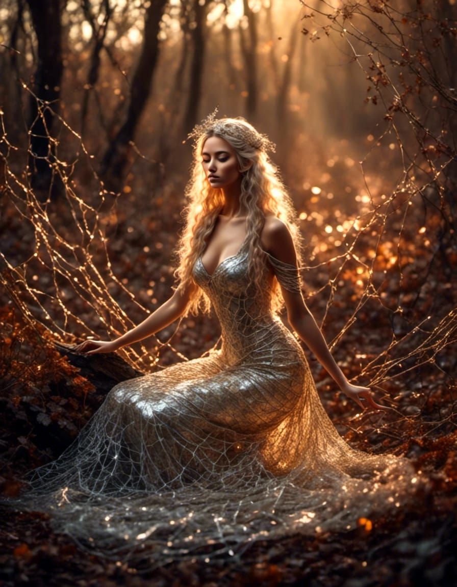 Wood Nymph in Spiderweb Dress, Fantasy Art