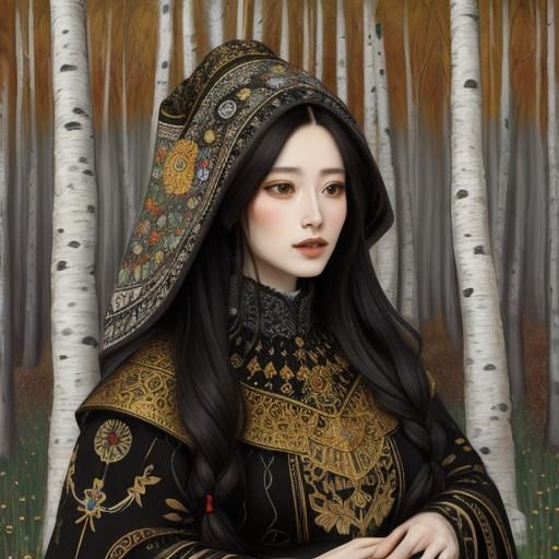 Girl in Birch Forest: Charcoal and Ink Art Nouveau