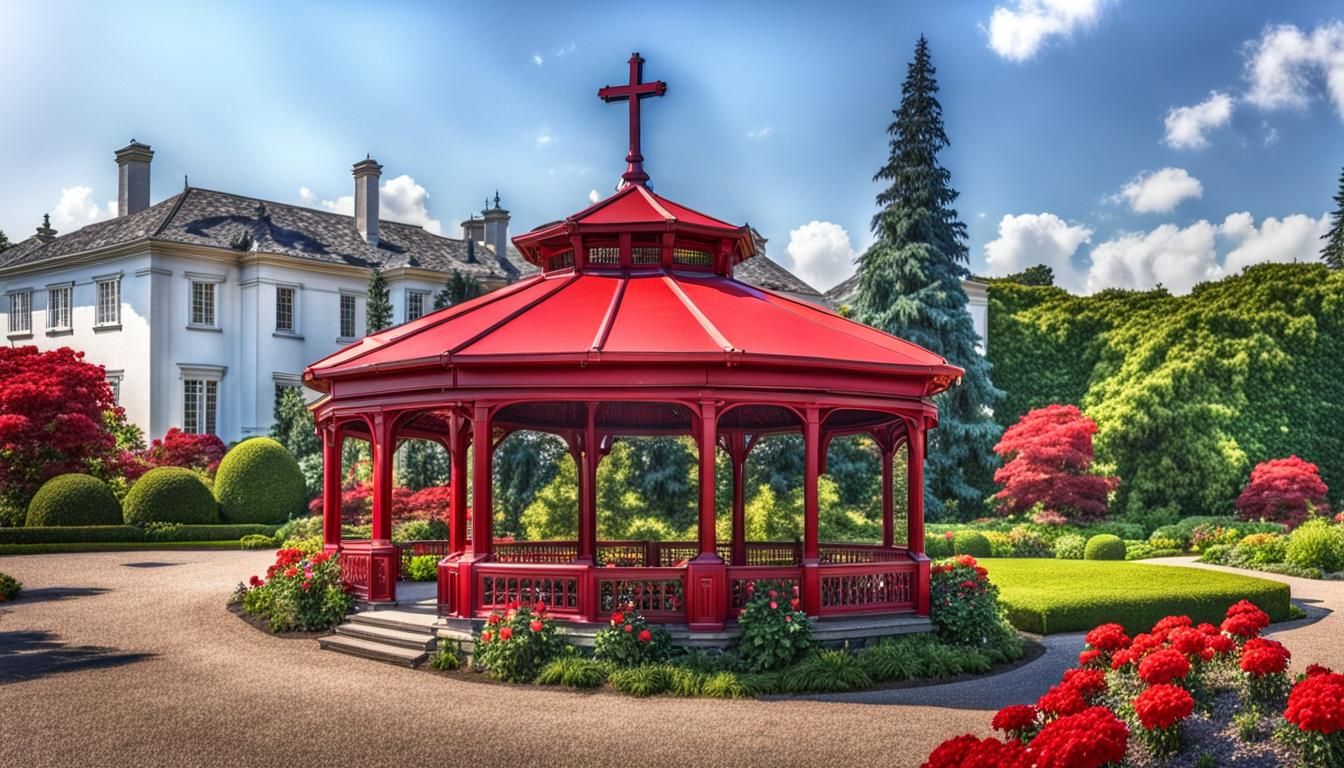 Garden Park with Red Gazebo, Hyperrealistic HDR