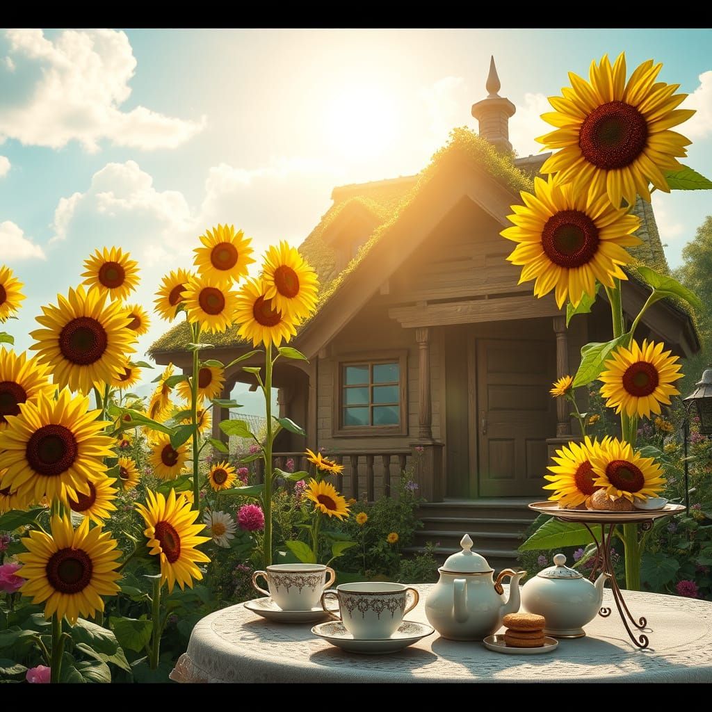 Vibrant Sunlit Garden with Wooden Tea House in Whimsical Sty...