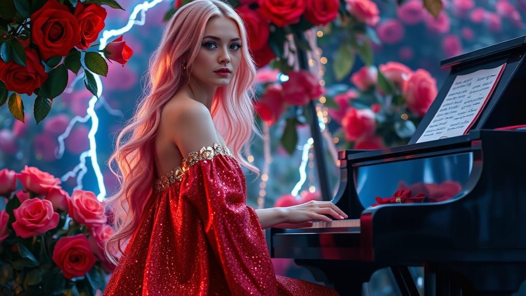 Enchanting Woman Plays Piano in Bioluminescent Rose Garden