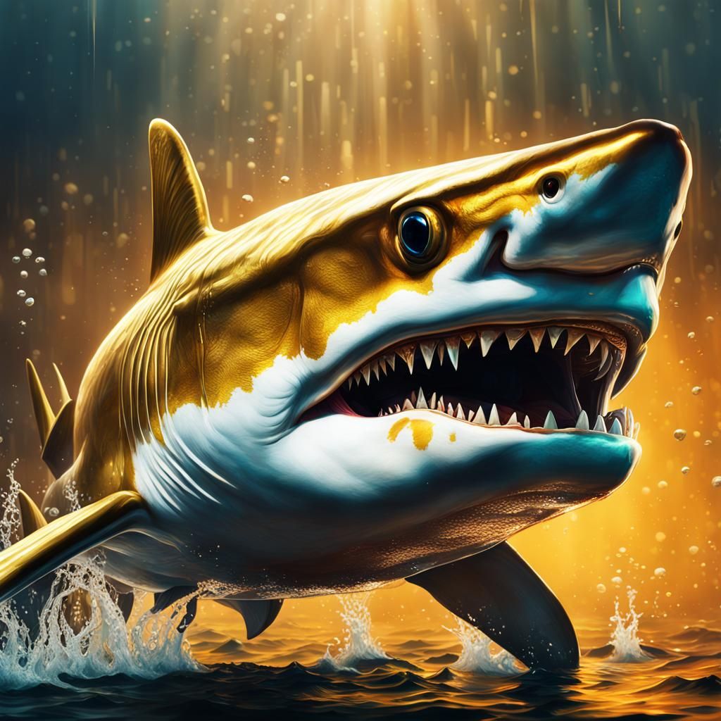 Golden Shark Hyperrealistic Splash Art Portrait