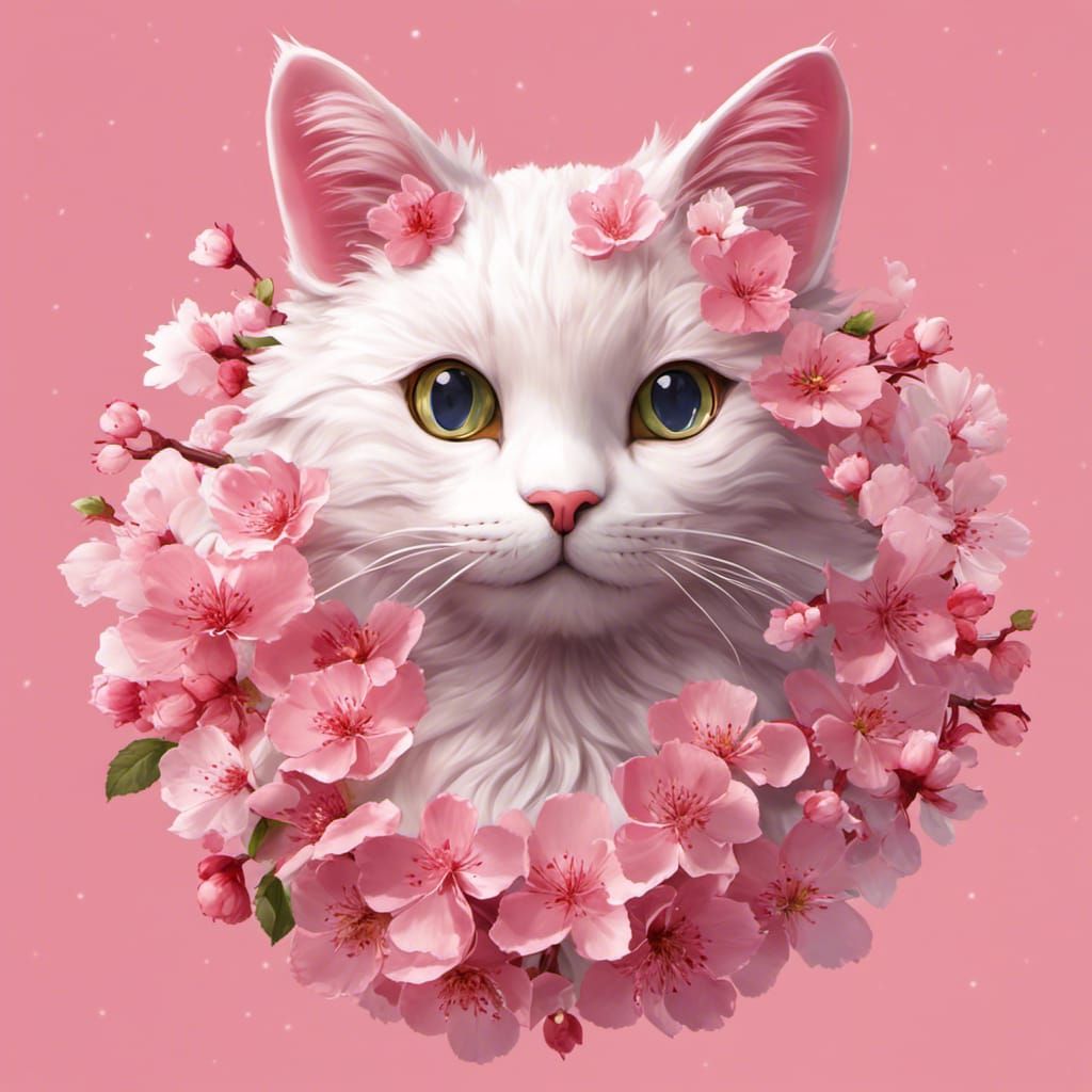 Cherry Blossom Cat Sculpture in Anime Style