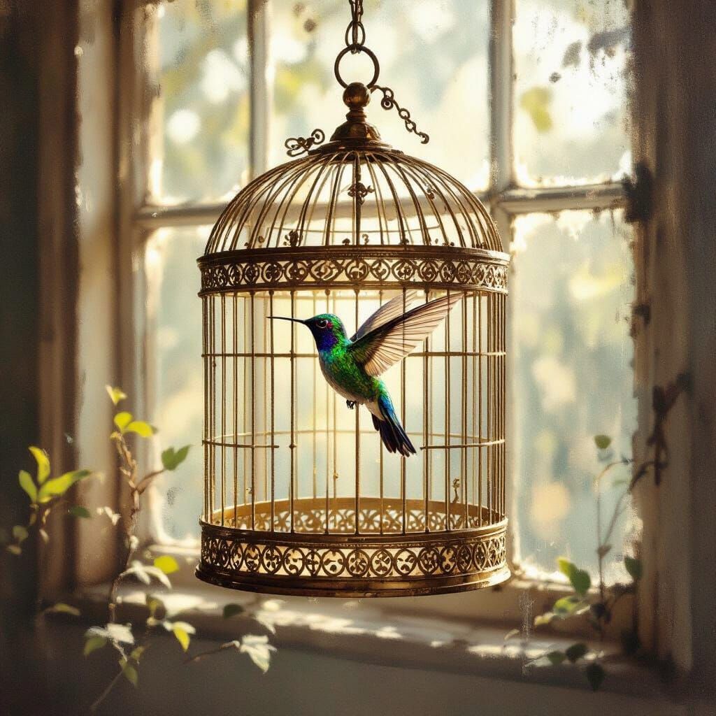 Gilded Birdcage with Iridescent Hummingbird in Dreamlike Roo...