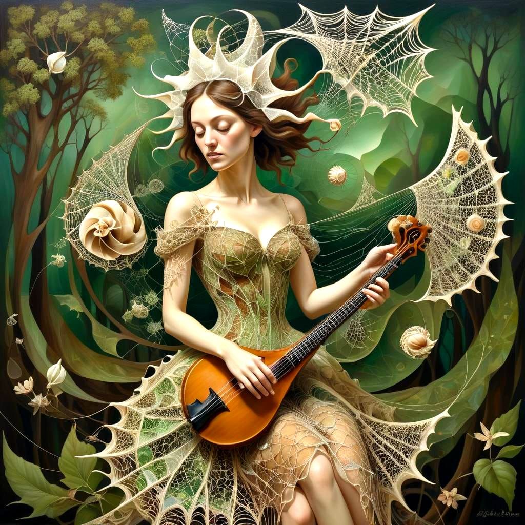 Surreal Musician in Web Dress Plays Mid-Air