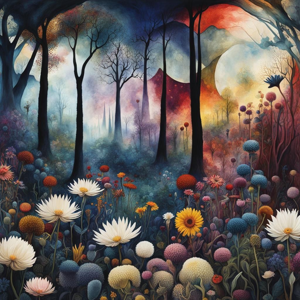 Surreal Flower Field in Dark Fantasy Style