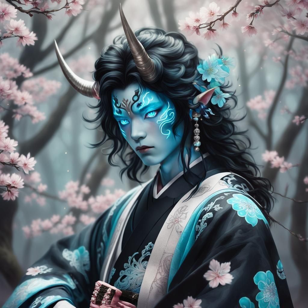 Cyberpunk Inspired Blue Oni Portrait in Cherry Blossom Kimon...