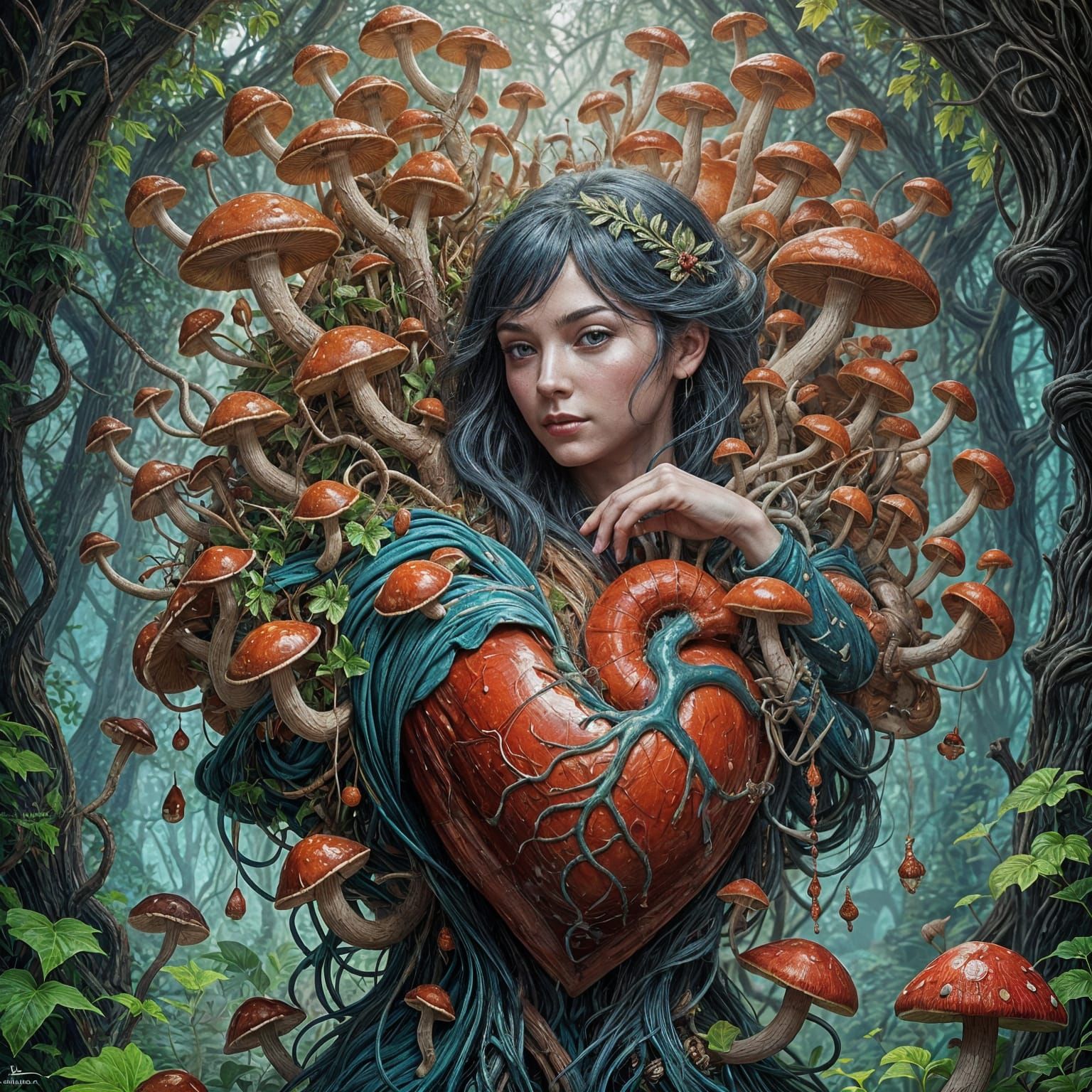 Surrealistic Heart Enthroned with Mushrooms in a Psychedelic...