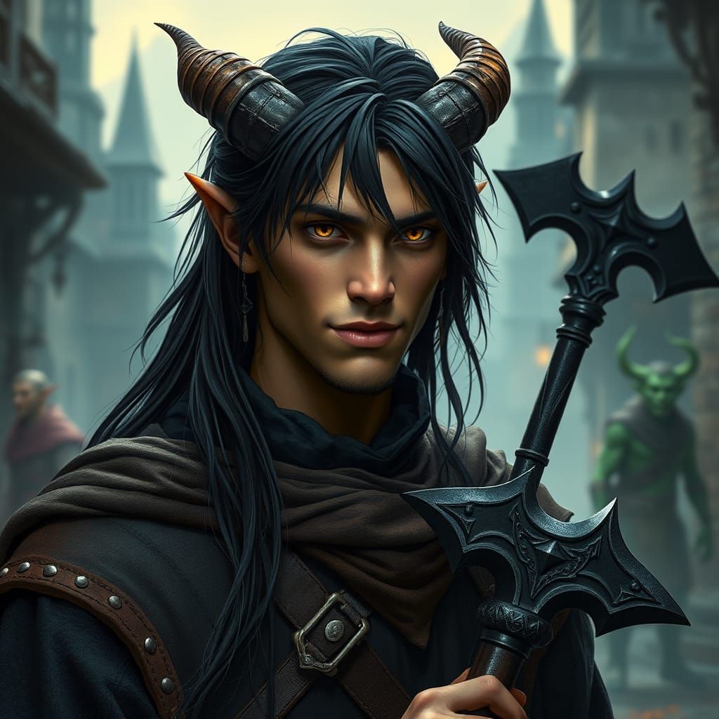 Tiefling Mercenary with Axe in Medieval City