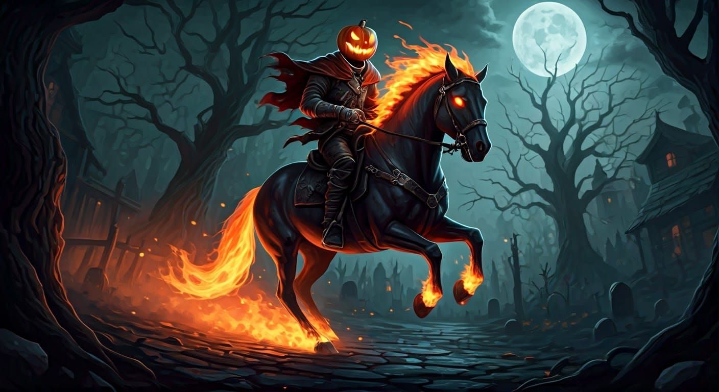 Headless Horseman Rides in Halloween Forest