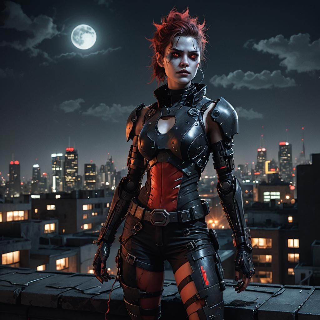 Eerie Cyberpunk Cyborg Woman on Rooftop at Night