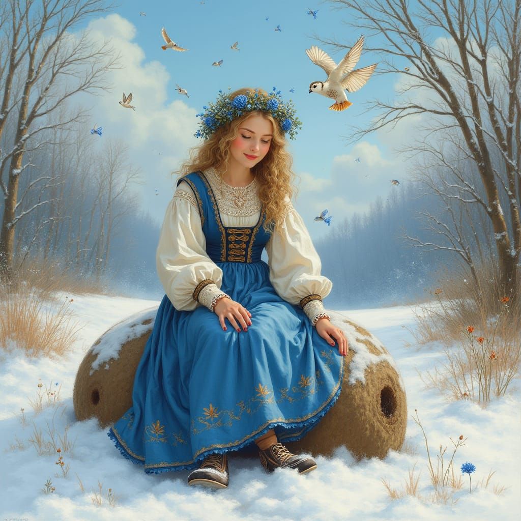 Smiling Woman in Bavarian Dress with Winter Flowers