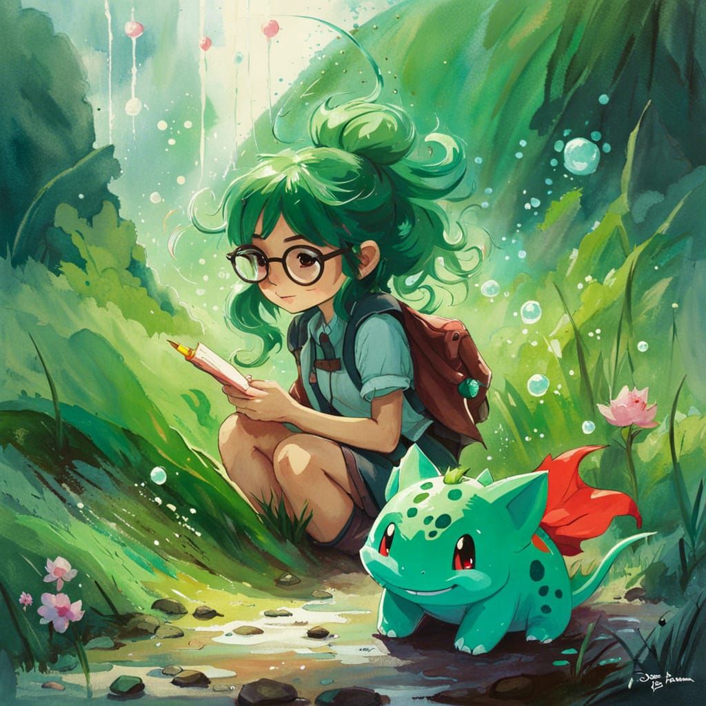 Nerdy Bulbasaur Girl with Grassy Hair Art
