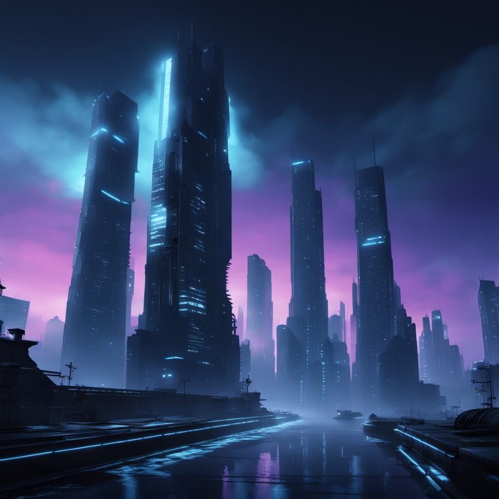 Surreal Cityscape at Night, UFOs Hover Over Men in Black