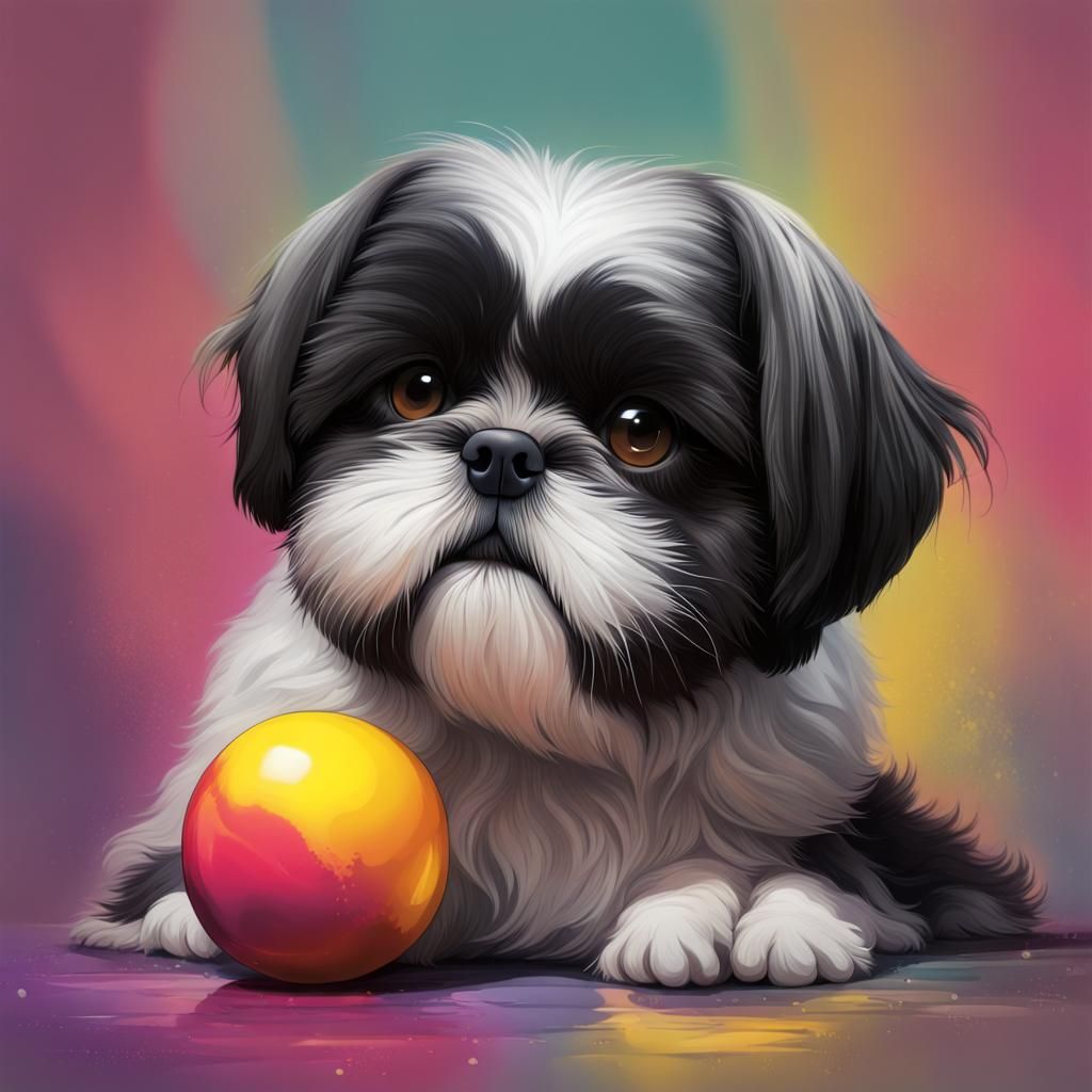 Adorable Shih Tzu Playing Ball: Hyperrealistic Digital Art