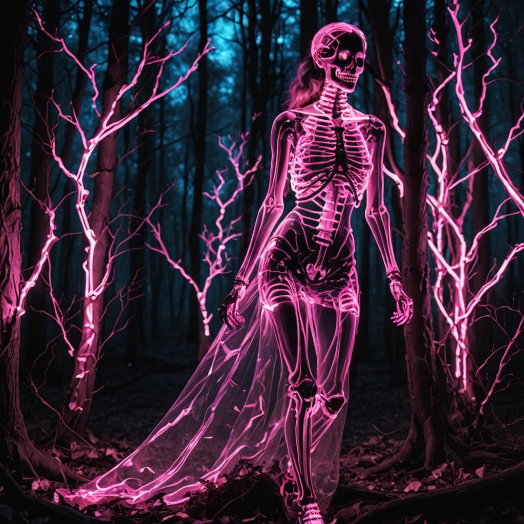 Neon Female Skeleton in Neon Night Forest