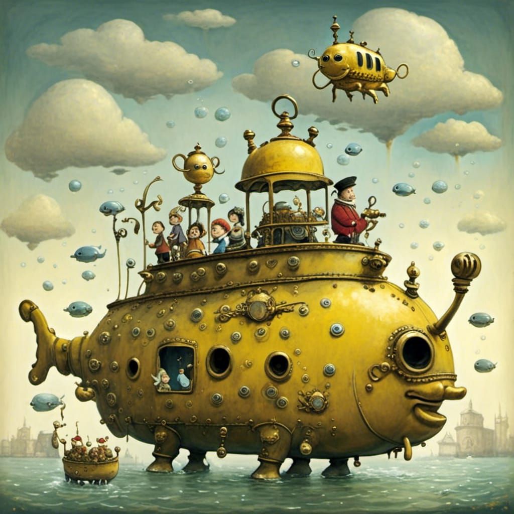 Whimsical Storybook Illustration of a Bright Yellow Submarin...