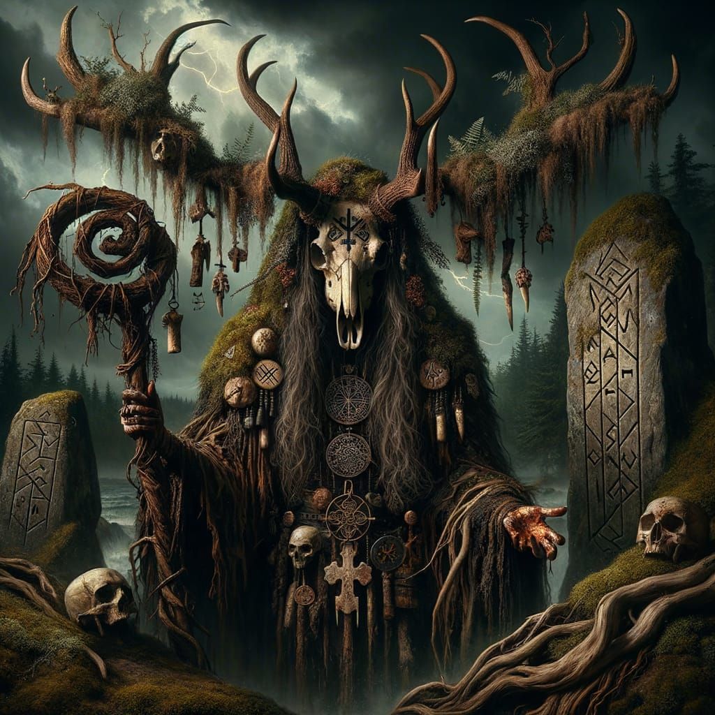 Dark Proto-Germanic Rootmother Seidkona in Chiaroscuro Style