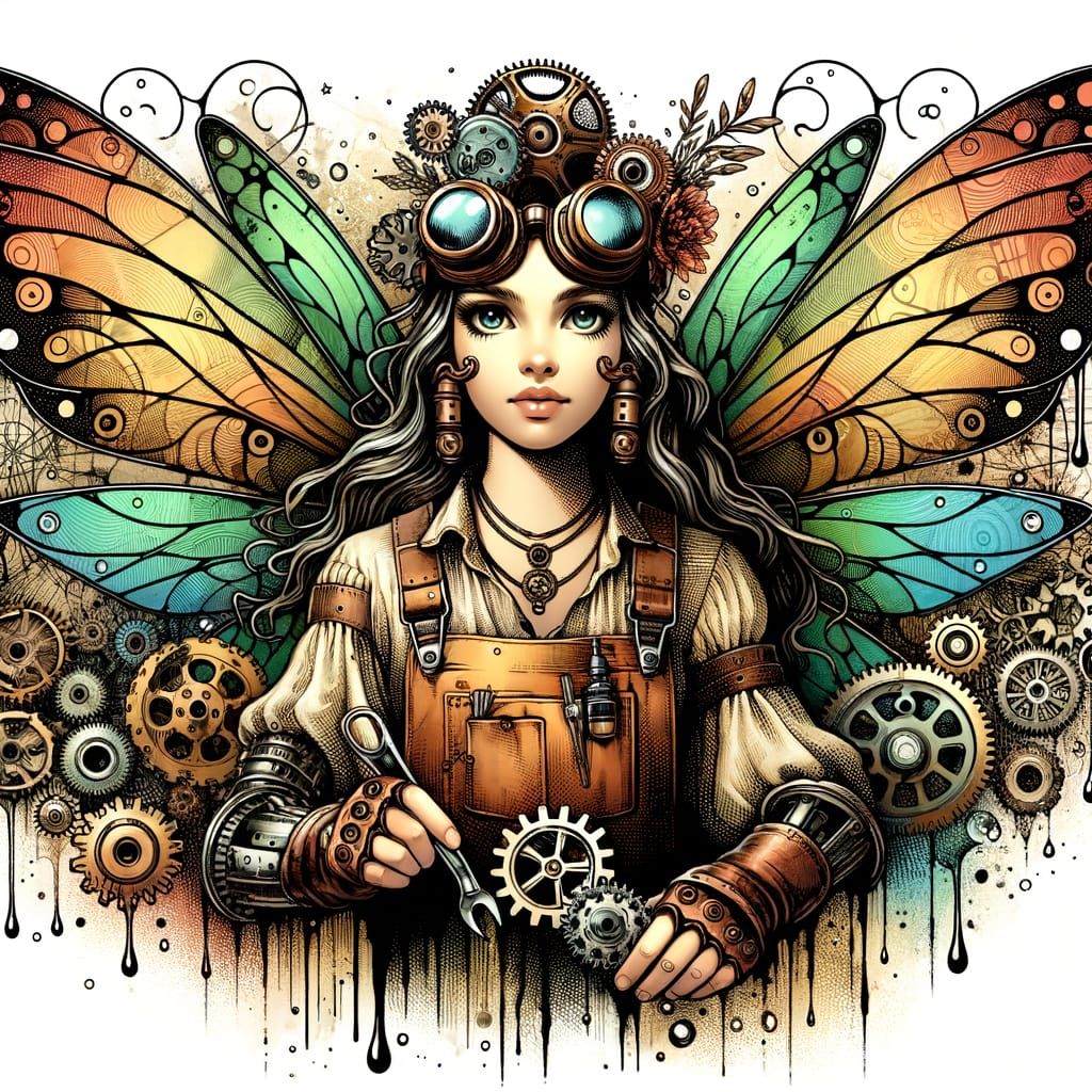 Steampunk Mechanic Fairy Repairs Automaton in Workshop
