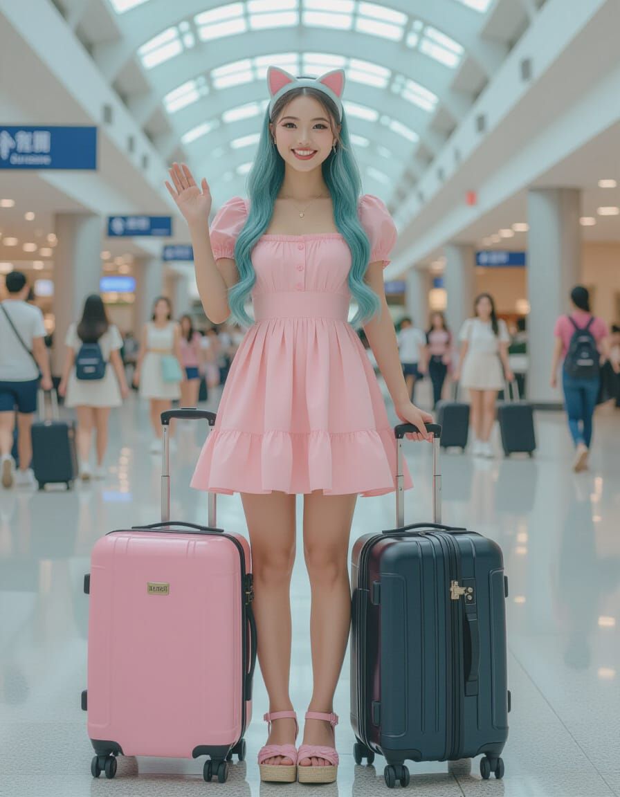 Woman with Cat Ears Waving in Airport Photo
