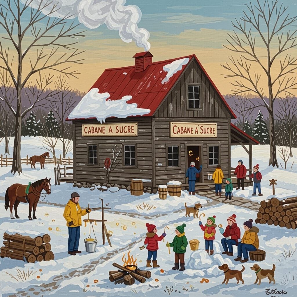 Quebec Sugar Shack Scene in Folk Art Style