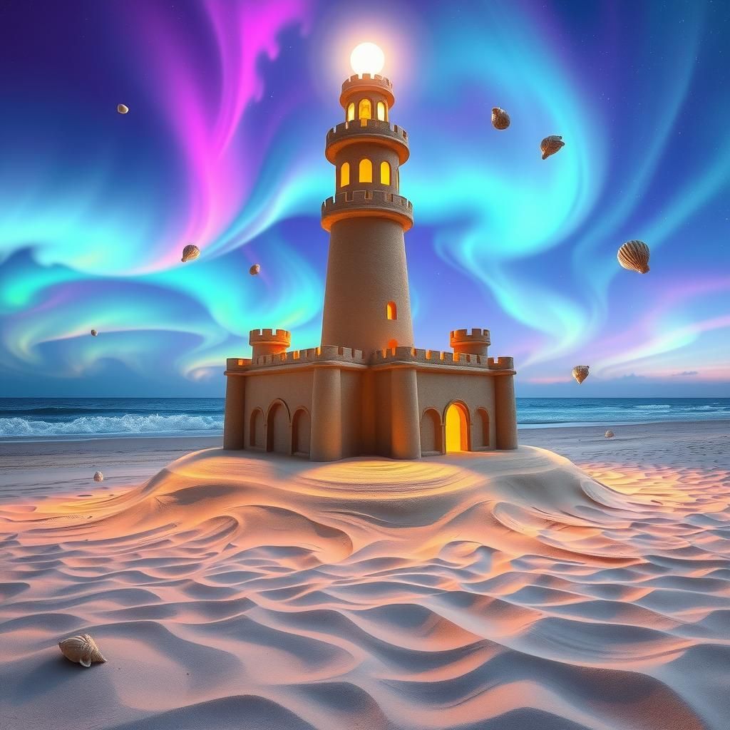 Psychedelic Sandcastle Lighthouse with Neon Waves