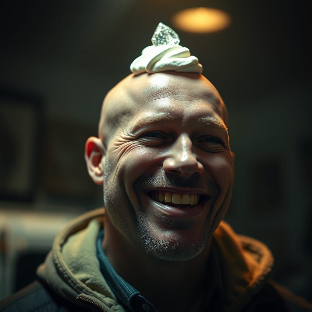 Hyperrealistic Bald Man with Ice Cream Crown