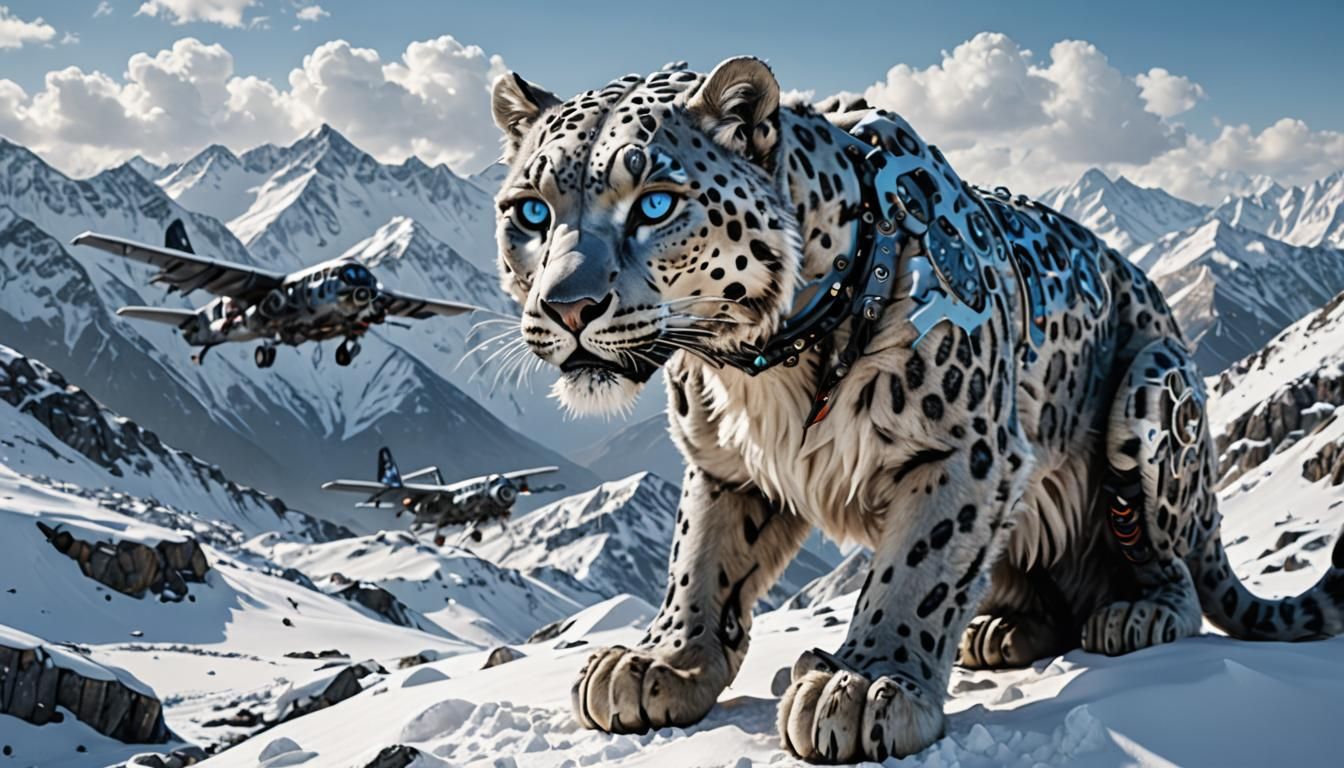 Snow Leopard Robot Beside Crashed Aircraft